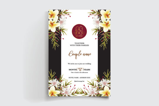 WEDDING INVITATION FRAME WITH FLOWER DECORATIONS AND FRESH LEAVES