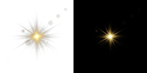 Wall Mural - Sunlight glare expands in soft transparent radial pattern. Golden star flash beams with yellow radiant burst. Lens flare adds warmth to clean modern compositions. Realistic overlay