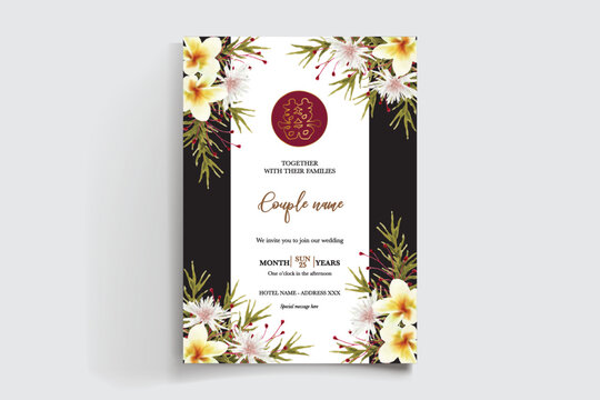 WEDDING INVITATION FRAME WITH FLOWER DECORATIONS AND FRESH LEAVES