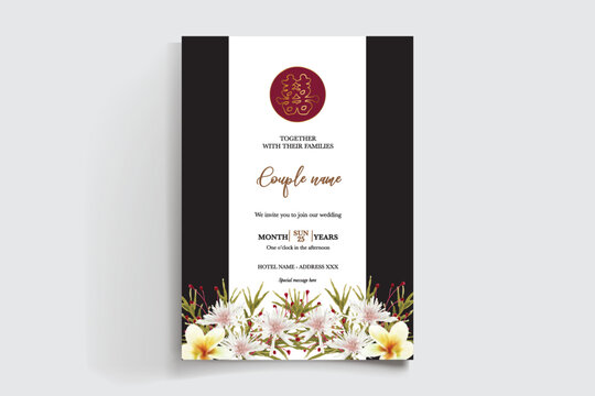 WEDDING INVITATION FRAME WITH FLOWER DECORATIONS AND FRESH LEAVES