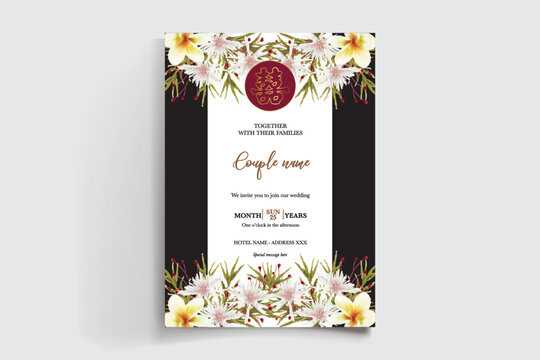 WEDDING INVITATION FRAME WITH FLOWER DECORATIONS AND FRESH LEAVES