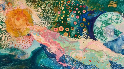 Poster - A celestial scene depicting the birth of a new galaxy, with swirling clouds of colorful cosmic dust in greens, pinks, and blues