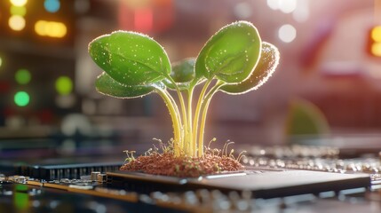 Poster - Close-up of sprout growing on motherboard with futuristic lighting