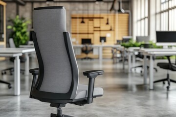 Aufkleber - a modern office is set up with an empty chair and a workstation that includes two computer monitors