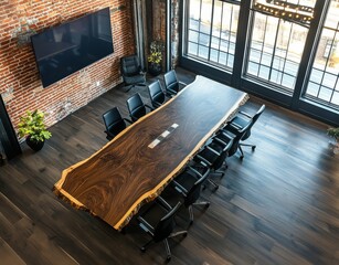 Poster - A bright office features a modern conference room equipped with a large wooden table and black chairs