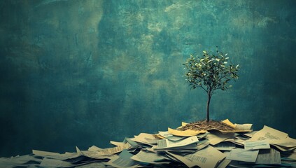 Poster - Digital document management enables a paperless office, represented by a tree on a pile of paper, to reap environmental benefits and minimize paper consumption