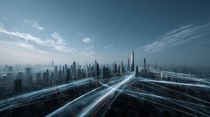 Poster - Futuristic city skyline with abstract lines and a blue sky backdrop.