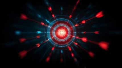 Poster - Radiant circular pattern with arrows in vibrant red and blue tones against a dark background.