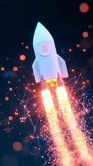Poster - Cyberpunk rocket launch symbolizing startup valuation soaring to new heights, surrounded by dynamic data particles in a vast, open expanse.