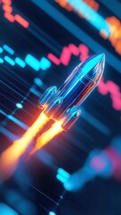 Poster - Chrome rocket soaring upward symbolizes financial growth, dynamic high-frequency trading data in motion, vibrant colors, free space enhancing the sense of acceleration and success