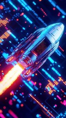 Poster - Futuristic Spaceship Launch in Digital Realm, sleek metallic vessel ascending amidst vibrant trading bars and dynamic abstract financial graphs, immersive technology landscape