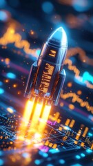 Poster - Futuristic Spaceship Launch in Digital Realm, sleek metallic craft ascending through vibrant trading bars and abstract financial graphs, showcasing innovation and technology.