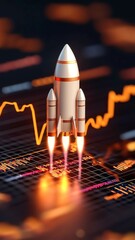 Poster - Symbolic Rocket Launch, an imaginative depiction of a rocket soaring into the sky, embodying a bullish market trend with vibrant glowing data visualizations and a sci-fi aesthetic.
