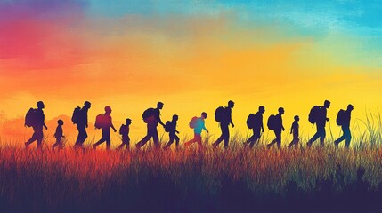 Poster - The image of vibrant silhouettes of people in a circular formation is a powerful symbol of teamwork and community, ideal for corporate team-building events with an inclusive design