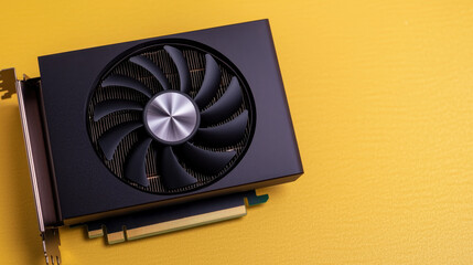 Poster - GPU Temperature Concept, AI Powered Cybernetic GPU with Adjustable Fan Speeds on a Vibrant Yellow Background