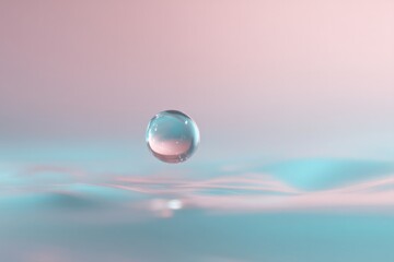 Poster - minimalistic liquid droplet suspended mid-air against soft pastel background provides ample copy space