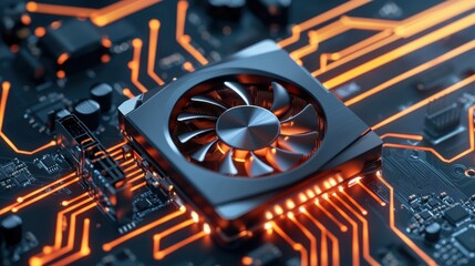 Poster - GPU Temperature Concept, Futuristic Concept of GPU Surrounded by Thermal Elements on a Circuit Board with Vibrant Orange Highlights