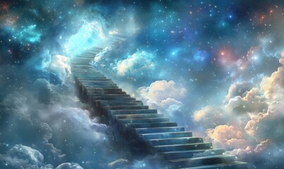 Poster - Stairway to the cosmos with ethereal clouds and starry sky
