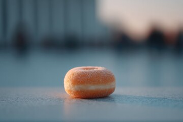 Poster - single donut on simple plain background with blurred people in distance offering ample copy space