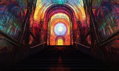 Poster - Colorful abstract staircase leading to illuminated archway with vibrant patterns