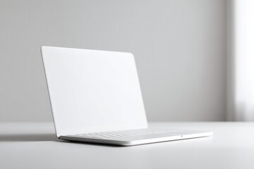 Poster - sleek laptop with open notepad beside it on minimalist white desk surface