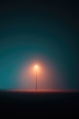 Poster - solitary streetlamp shrouded in dense fog emits soft halo of light surrounded by vibrant neon glow