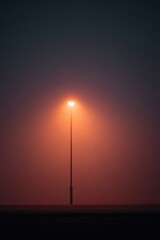 Poster - solitary streetlamp shrouded in dense fog emits soft halo of light surrounded by vibrant neon glow