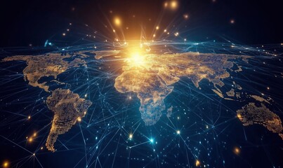 Aufkleber - Global network visualization with glowing connections and bright sunrise over Earth