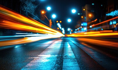 Poster - Dynamic night cityscape with light trails from vehicles on urban street