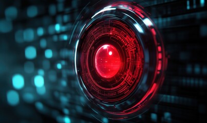 Aufkleber - Futuristic red digital interface with glowing circular elements and data patterns