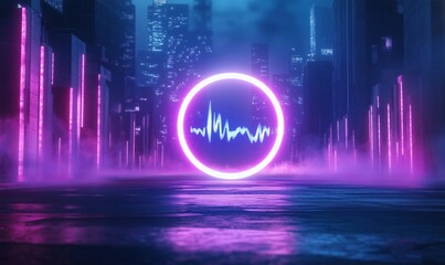 Poster - Neon cityscape with glowing sound wave in circular frame at night