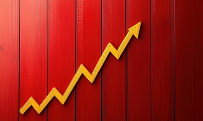 Poster - Growth trend represented by yellow zigzag line on red wooden background