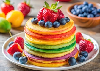 Poster - stack of colorful rainbow pancakes on white plate, topped with strawberries and blueberries.