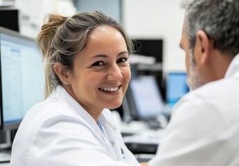 Poster - A bright meeting room is the setting where a beautiful professional woman working with brilliant minds looks at a male coworker with a positive demeanor
