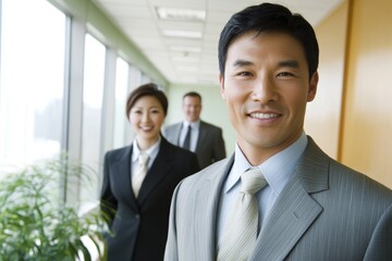 Poster - Looking ahead, a team of businesspeople stand together in their office, arms crossed