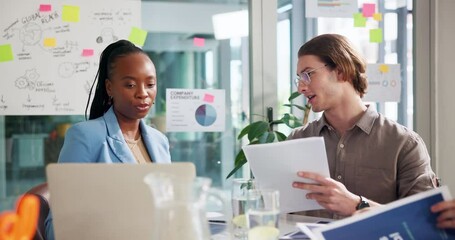 Poster - Planning, meeting and business people with documents for proposal, project and research. Creative startup, sticky notes and men and women with paperwork for marketing, statistics and brand strategy
