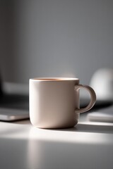 Poster - minimalistic workspace scene with laptop on clean white desk cup of coffee and notepad emphasized by ample copy space