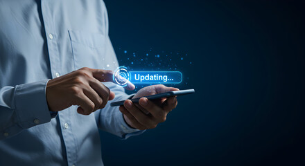 Poster - Hands Holding Smart Phone with Updating Bar over Dark Blue Background