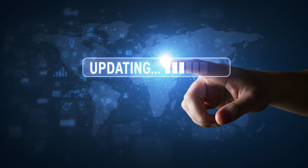 Poster - Hand Touches Updating Bar on Illuminated Digital World Map Background