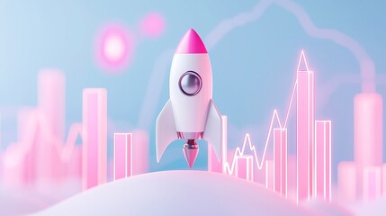 Poster - Rocket launch amidst ascending candlestick charts in pastel neon, abstract depiction of financial success and market growth, vibrant colors, dynamic composition, energetic atmosphere.