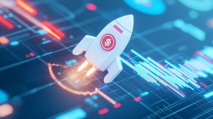 Poster - Rocket-powered fintech innovation, enhanced by AI analytics and vibrant blockchain visuals, set against an expansive backdrop of open space and limitless potential