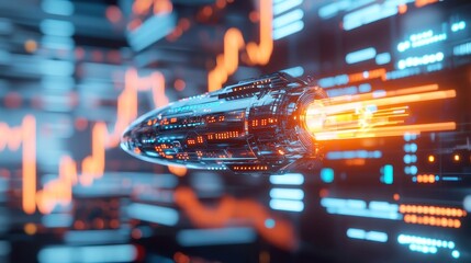 Poster - Metallic Spaceship Launching in Digital Realm, illuminated by vibrant trading bars and abstract financial graphs, embodying a futuristic economic landscape