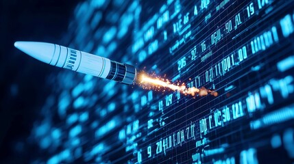 Poster - Startup rocket soaring through the digital metaverse, surrounded by floating numbers and trading bars resembling stars, symbolizing innovation and technology in a boundless universe