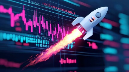 Poster - Digital metaverse rocket launch, soaring through a cosmic landscape, trading bars and numerical data twinkling like distant stars in a vast, open space.