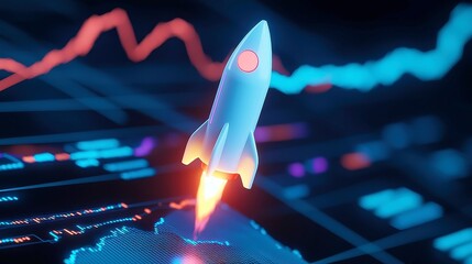 Poster - Symbolic rocket launch embodying bullish market trend, sci-fi aesthetic, glowing data visualizations, vibrant colors, dynamic energy, future-focused imagery, expansive atmosphere.