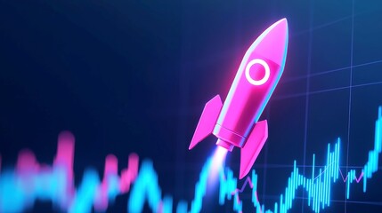 Poster - Rocket soaring through vibrant time-lapse graph of market growth, dynamic colors shifting from blue to pink, symbolizing rapid acceleration and innovation.