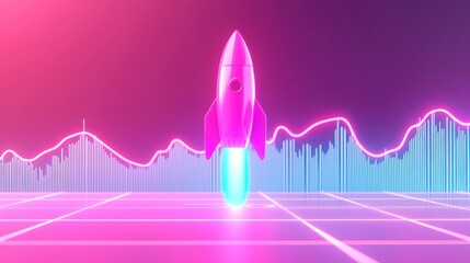 Poster - Dynamic rocket soaring through a vibrant time-lapse graph, colors transitioning from blue to pink, symbolizing rapid market growth and acceleration in a futuristic landscape