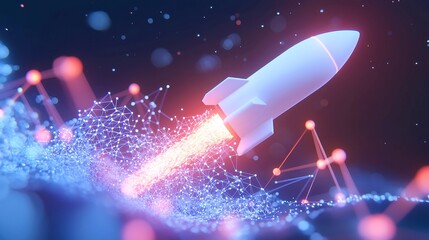 Poster - Futuristic Rocket in Blockchain Stream, a 3D-rendered rocket soaring through a vibrant data stream, illuminated arcs and digital finance elements swirling around it.