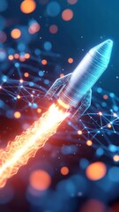 Poster - 3D rocket soaring through a vibrant blockchain data stream, illuminated arcs and futuristic financial motifs, showcasing innovation in technology and finance