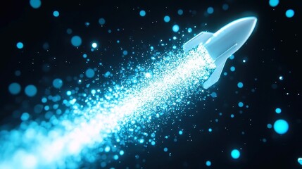Poster - Cyberpunk rocket launch symbolizing startup valuation soaring to new heights, surrounded by floating data particles in a futuristic landscape